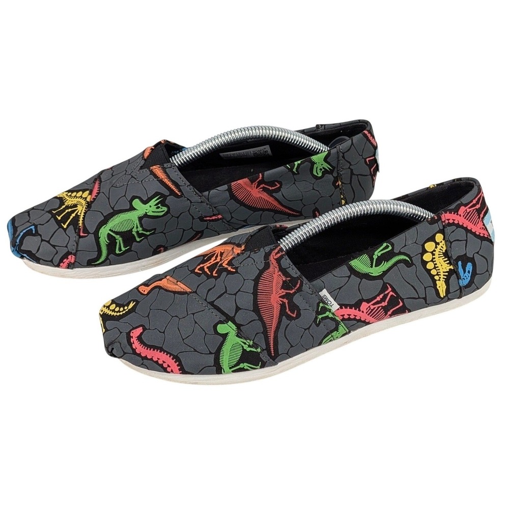 TOMS Slip On Women 7‎ Gray Neon Dinosaur Skeleton Canvas Flats Shoes Kidcore